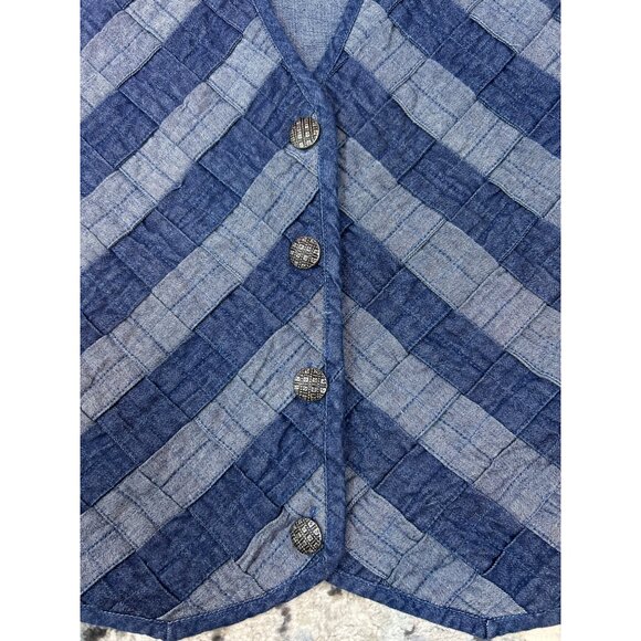 VTG Orvis Two-Toned Blue Quilted Patchwork Striped Denim Vest Button Closure XL - Picture 2 of 7